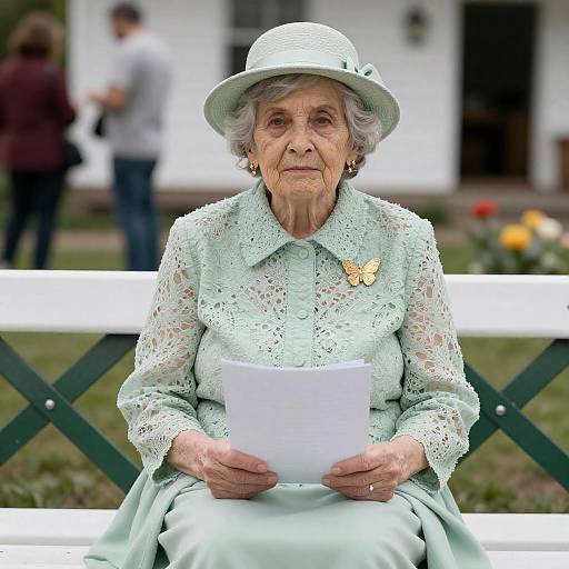 Elderly Woman in Green Lace Blouse