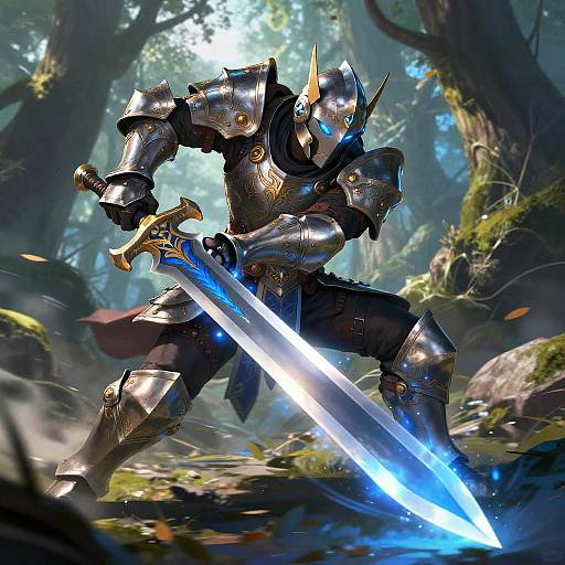 Digital art of a knight in shiny, ornate armor wielding a glowing blue sword in a sunlit, misty forest. Dynamic, action-packed pose
