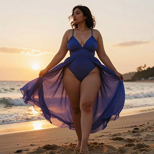 Confident Woman on Beach at Sunset