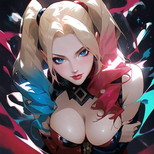 Illustration of Harley quinn, dc comics in the style of Kamukamu (ars)