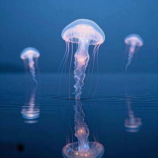 Photograph of glowing blue jellyfish with translucent, bell-shaped bodies and long, flowing tentacles, floating on calm, reflective water.