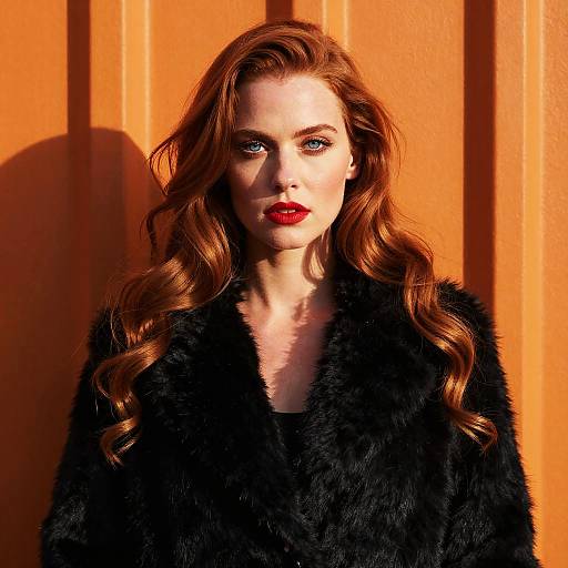 Photograph of a fair-skinned woman with long, wavy red hair, bright red lipstick, and black fur coat, standing against an orange wall