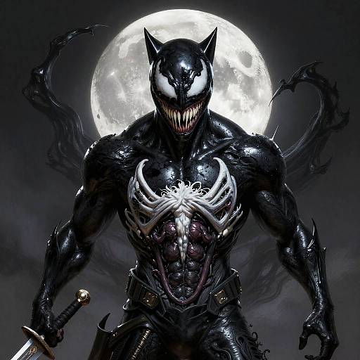 Digital artwork of Venom standing against a full moon, with dark, muscular, black, symbiote-covered body, sharp teeth, white eyes, and