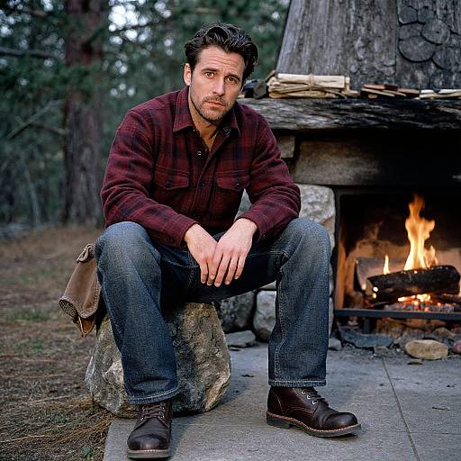 Photograph of a bearded man with dark hair, wearing a red plaid shirt, blue jeans, and brown boots, squatting by a camp