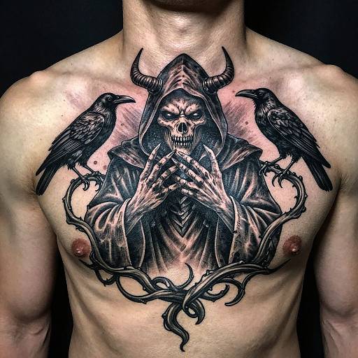 Photograph of a muscular man with a detailed black and gray tattoo of a horned skull, surrounded by two black ravens on his chest.