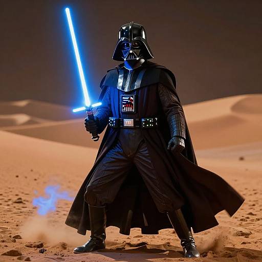 Photograph of Darth Vader in black armor, cape, and helmet, holding a glowing blue lightsaber, standing in a desert with sand dunes.