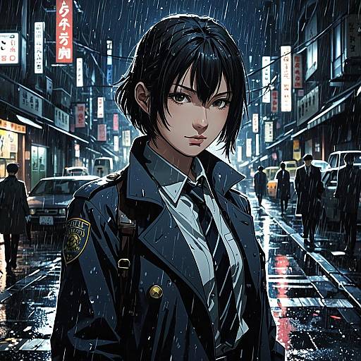 Anime Female Detective in Rainy City Street