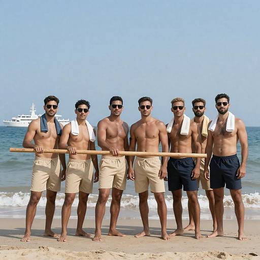 Group of Shirtless Men on Beach Holding Wooden Pole