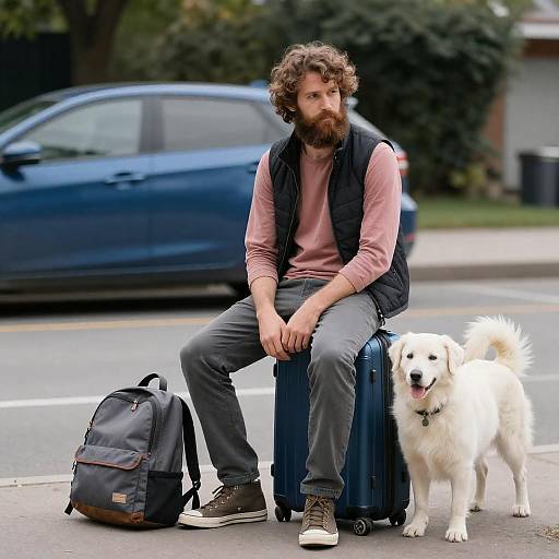 Bearded Man with Dog by Blue Suitcase