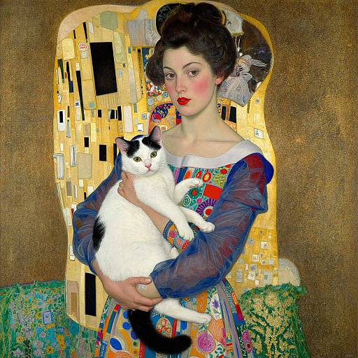 Digital art of a pale-skinned woman with dark hair, red lipstick, colorful dress, holding a black-and-white cat, against a mosaic background.