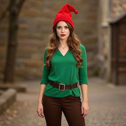 Photograph of a fair-skinned woman with long brown hair, wearing a red Santa hat, green V-neck shirt, black pants, and black belt