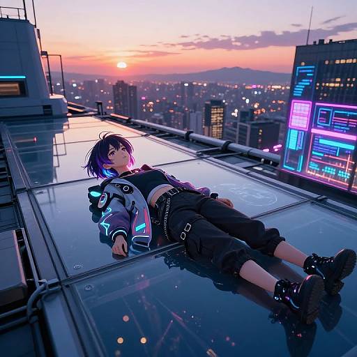 Digital anime-style drawing of a person with blue-purple hair, wearing a neon jacket, lying on a rooftop at sunset, cityscape with glowing lights in