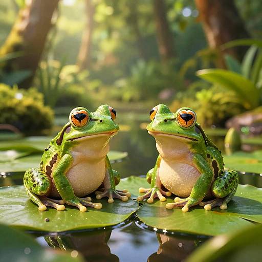 Photograph of two vibrant green frogs with orange eyes, sitting side by side on a lily pad in a sunlit, lush, tropical pond,