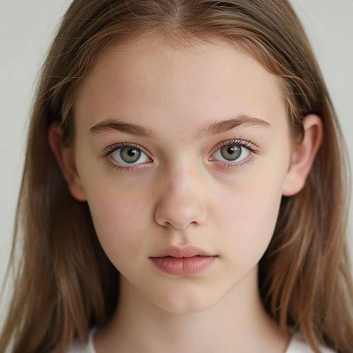 Photograph of a young Caucasian girl with fair skin, blue eyes, straight brown hair, and neutral expression against a plain white background.
