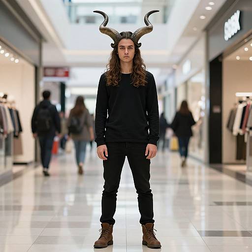 Photograph of a young man with long brown hair, wearing black horned headpiece, black sweater, pants, and brown boots, standing in a