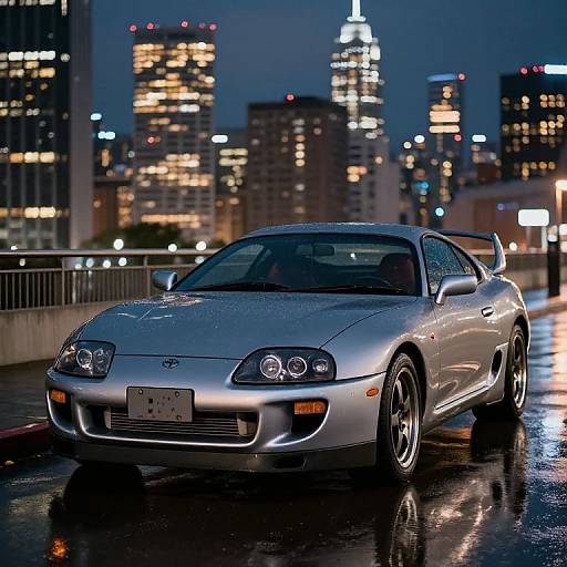 Photograph of a silver, wet, sports car with headlights on, parked on a rainy city rooftop at night, illuminated skyscrapers in the background