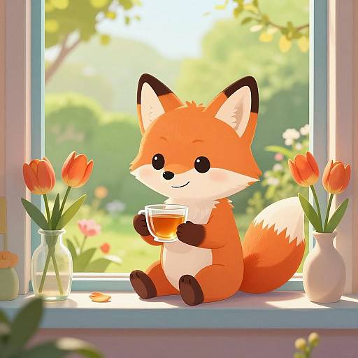 Cute digital drawing of a chibi-style orange fox with white belly, sitting on a windowsill, drinking tea, surrounded by orange tulips.