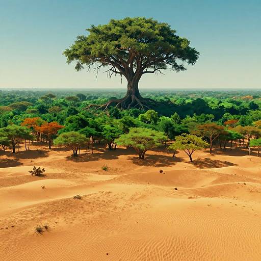 Photograph of a surreal African savanna scene featuring a giant, solitary acacia tree with dense green foliage, standing tall above smaller trees and surrounded by