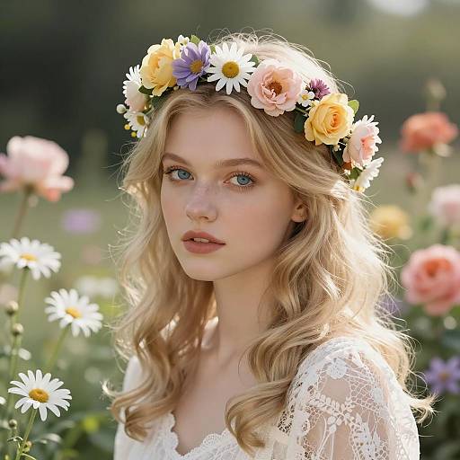 Young Woman with Flower Crown in Garden