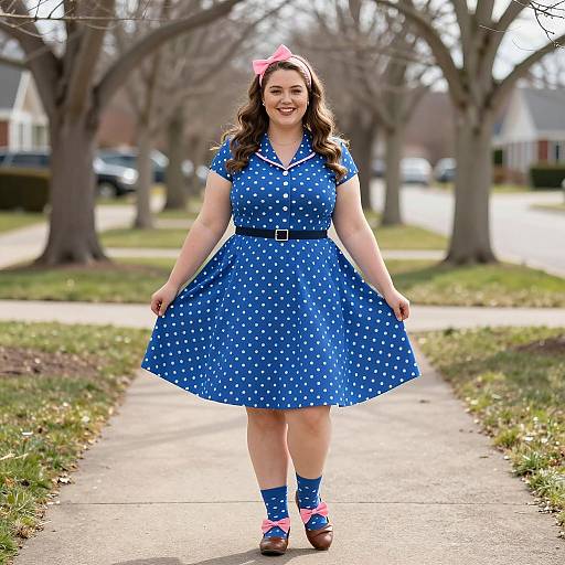 Plus Size Woman in Blue Polka Dot Retro Dress