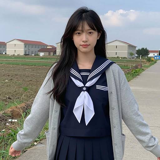 Young woman in sailor school uniform outdoors