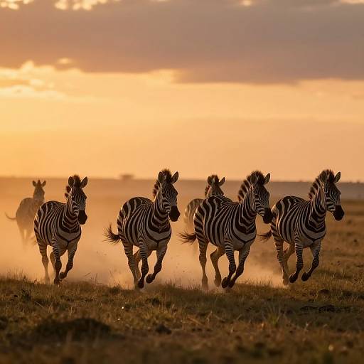 Photograph of four zebras running across a grassy plain at sunset, with a fifth zebra in the misty background. Warm golden light,