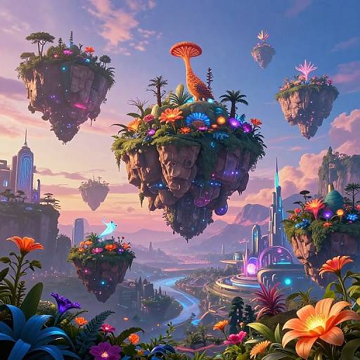 Vibrant, fantastical CGI landscape of floating flower-covered rock islands, colorful flora, glowing city structures, and a pink sunset sky.