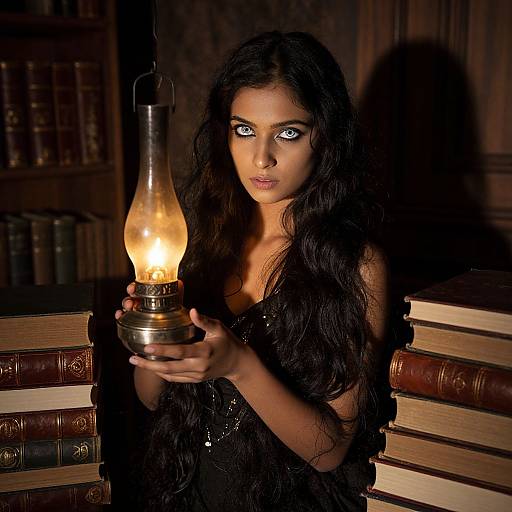 Photograph of a dark-haired woman with glowing blue eyes, holding a lit lamp, surrounded by stacked old books in a dimly lit, wood-pane