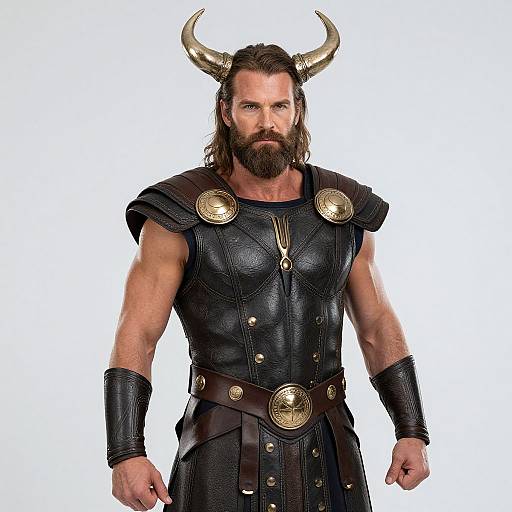 Photograph of a muscular man with a beard, wearing black leather armor, gold shoulder plates, horned helmet, and brown belt, standing against a