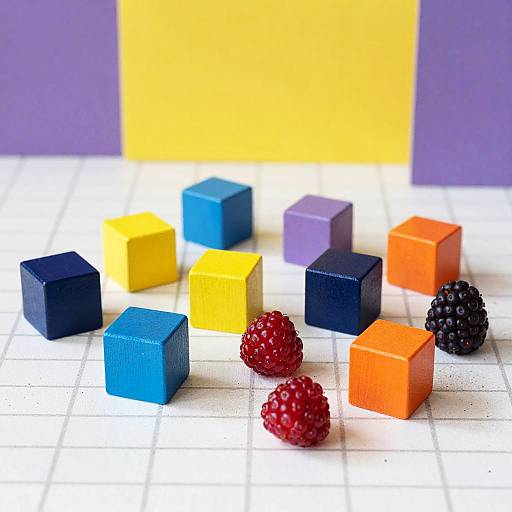 Photograph of colorful wooden cubes (blue, yellow, purple, orange) and red raspberries on a white grid background, with a yellow and purple