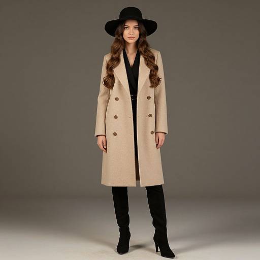 Photograph of a young woman with long brown hair, wearing a black hat, beige double-breasted coat, black dress, and black boots, standing