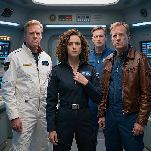 Serious Crew in Dimly Lit Spaceship