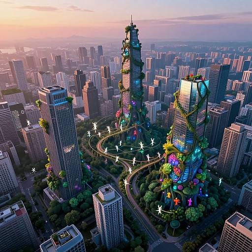 Digital art of a futuristic cityscape at sunset, featuring towering skyscrapers adorned with colorful, glowing lights and vines, with sparkling star-like lights on