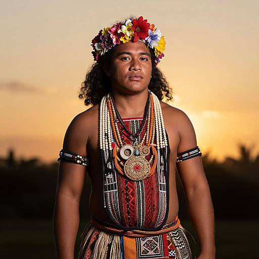 Photograph of a muscular, dark-skinned man with curly hair, wearing a colorful flower crown, traditional striped garment, and beaded necklaces,