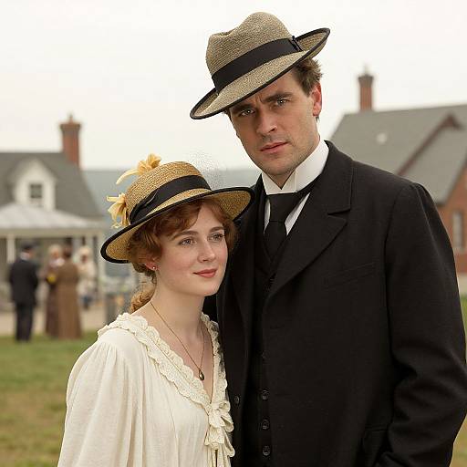 Photograph of a Victorian-era couple; woman in white dress and straw hat, man in black suit and hat, standing outdoors.