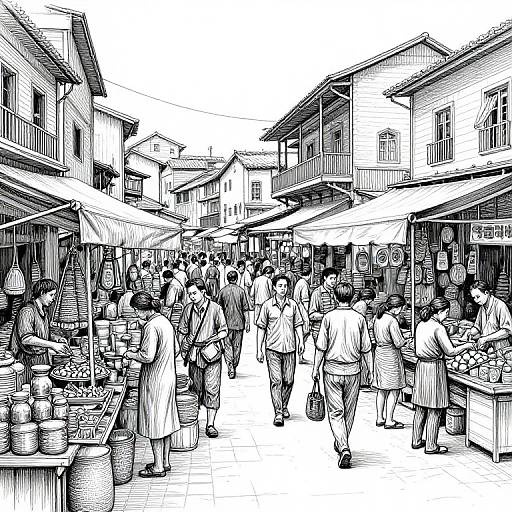 Black-and-white ink drawing of a bustling outdoor market with people shopping, vendors selling goods under awnings, and historic buildings lining the street.
