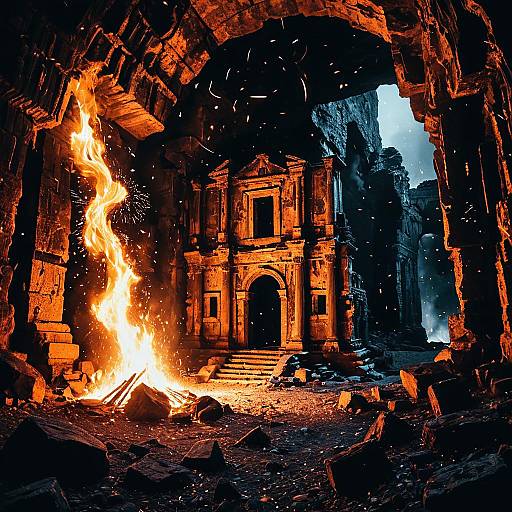 Burning Ancient Ruin Inside Dark Cavern