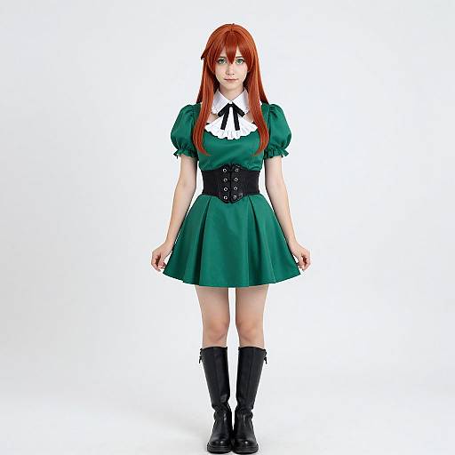 Photograph of a young woman with long red hair, wearing a green puffed-sleeve dress with white collar, black corset, and black