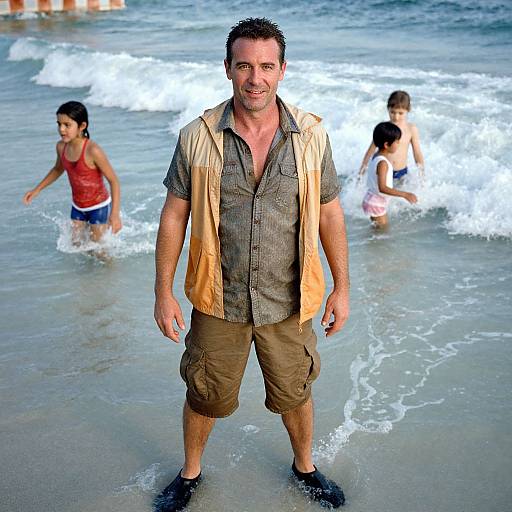 Photograph of a middle-aged man in a wet, brown shirt and khaki shorts standing in shallow ocean water, with two children playing in the waves