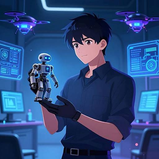 Anime-style digital drawing of a young man with black hair, wearing a dark shirt and gloves, gently holding a small robot in a futuristic, blue-l