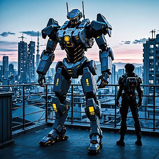 Cybernetic Soldier and Mecha on Urban Rooftop