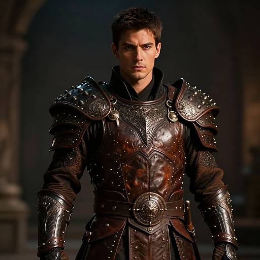 Photograph of a serious, dark-haired man in detailed, dark brown medieval armor with shiny, embossed plates, standing in a dimly lit,
