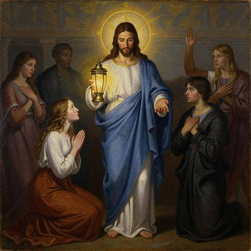 Oil painting of Jesus with halo, holding lantern, surrounded by five adoring disciples in medieval robes, kneeling and raising hands.