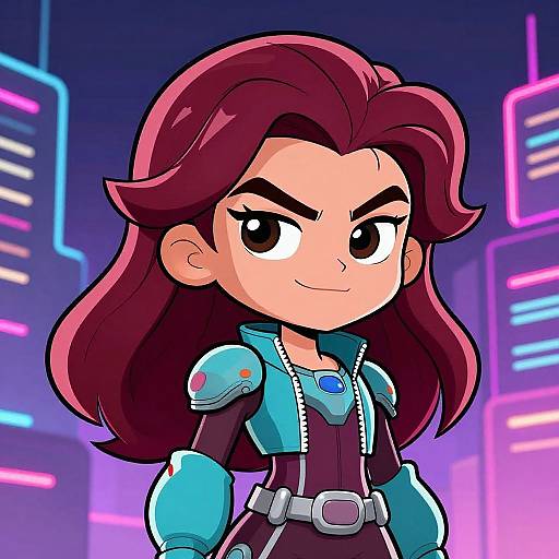 Futuristic Burgundy-Haired Cartoon Character