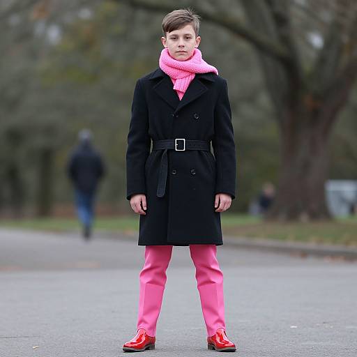 Photograph of a young boy in a black coat, pink scarf, bright pink pants, and red shoes standing on a park path. Blurred background