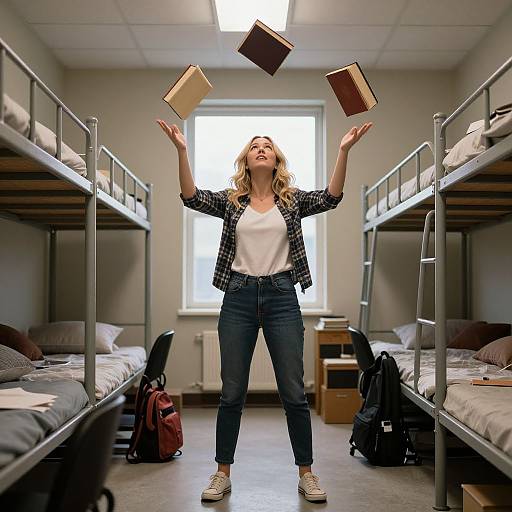 Photograph of a blonde woman in a plaid shirt, white top, and jeans, standing in a dorm room, levitating four books above her