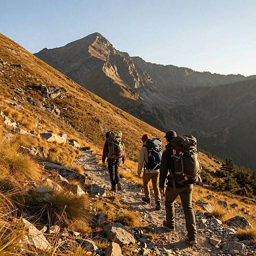 Photograph of three hikers with backpacks on a rocky, sunlit mountain trail, ascending a steep slope with a prominent peak in the background under