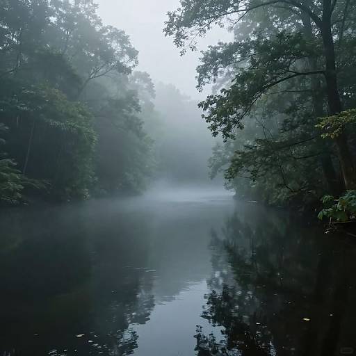 Photograph of a misty, tranquil forest lake, with dense green trees on both sides, reflecting in calm, dark water.