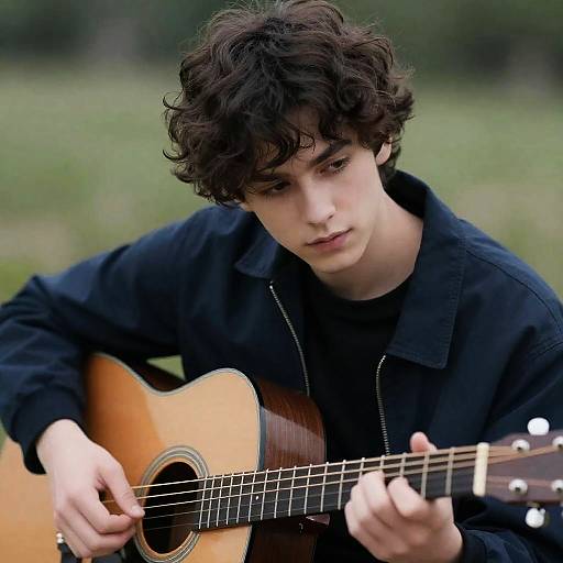 Focused Young Man Playing Acoustic Guitar