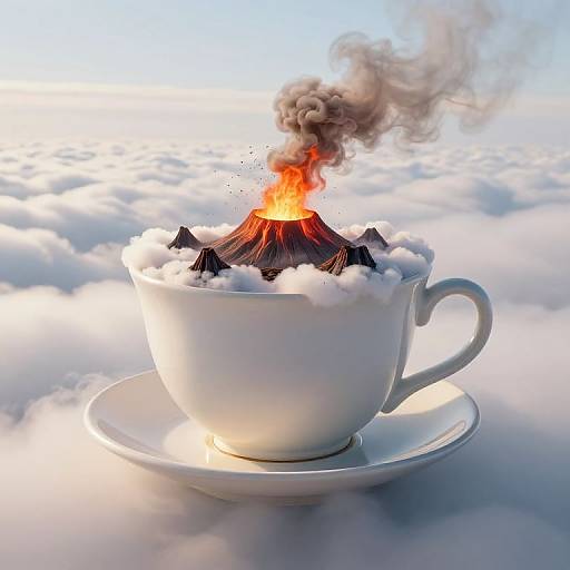 Photograph-style digital art: white teacup with erupting volcano emitting smoke, surrounded by fluffy clouds, sitting on a white saucer, against